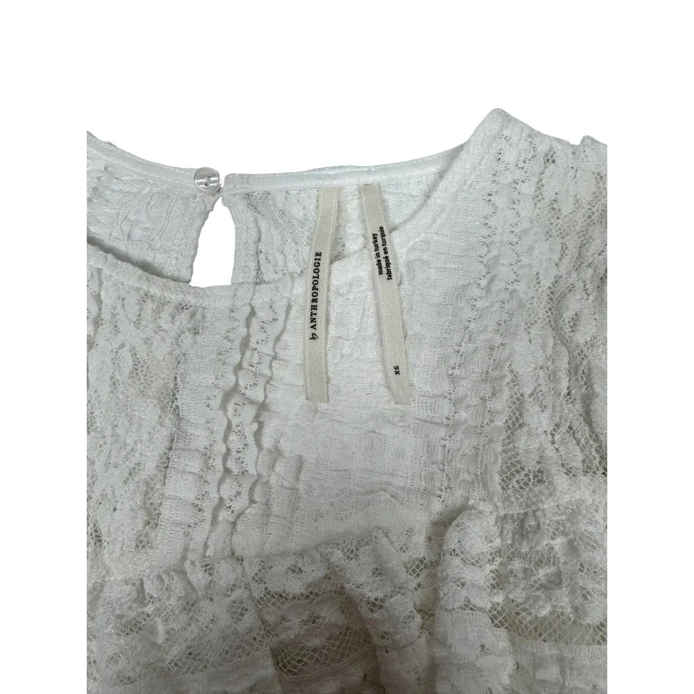 Anthropologie White Lace Puff Sleeve Smocked Ruffle Blouse Top XS